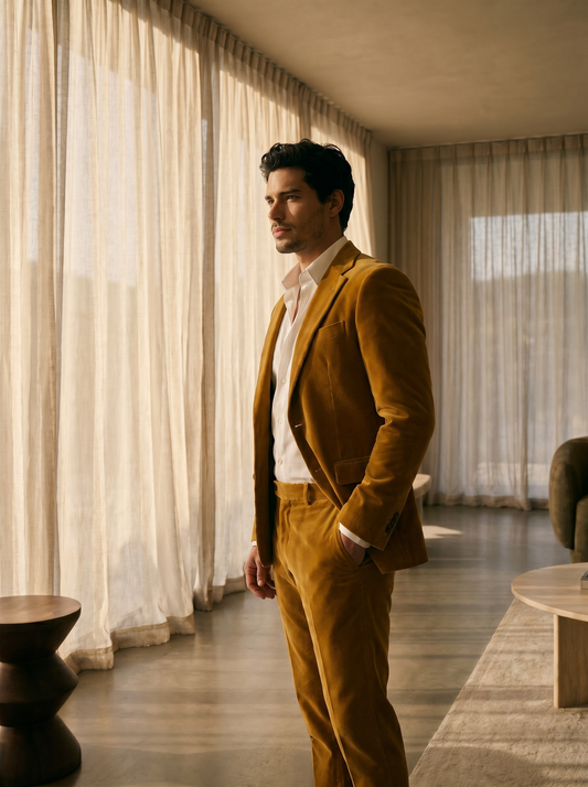 Mustard Velvet Suit — Custom Made to Measure - side view