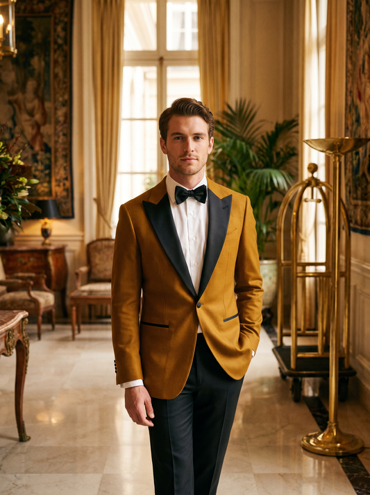 Mustard Wool Black Tie Suit — Custom Made to Measure - front view