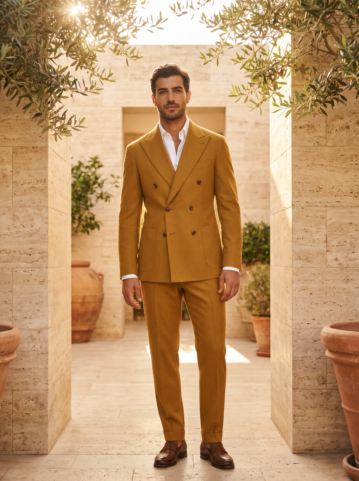Mustard Wool Double Breasted Suit — Custom Made to Measure - front view