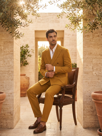 Mustard Wool Double Breasted Suit — Custom Made to Measure - seated view