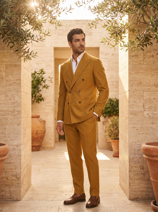 Mustard Wool Double Breasted Suit — Custom Made to Measure - side view