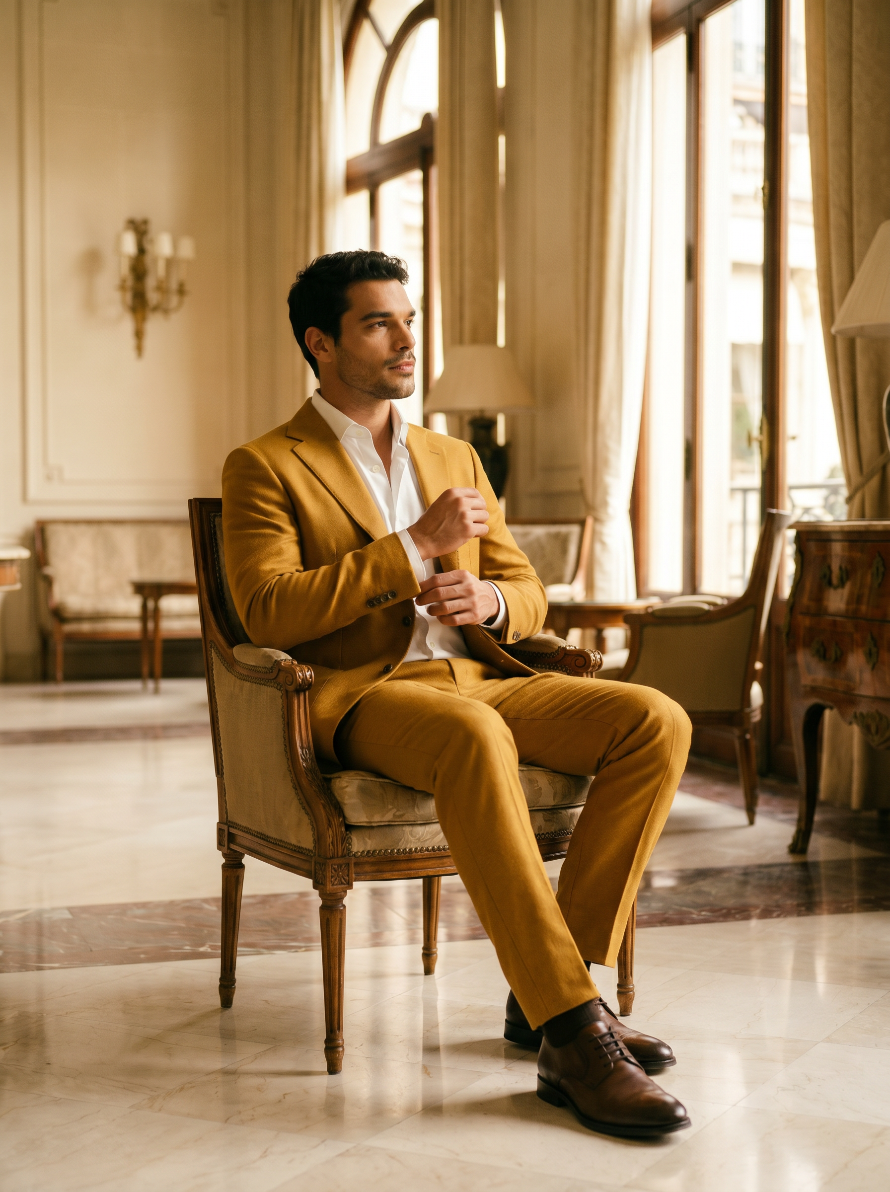 Mustard Wool Suit — Custom Made to Measure - seated view