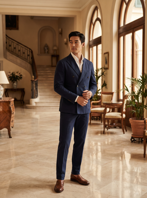 Navy Blue Cotton Double Breasted Suit — Custom Made to Measure — 1