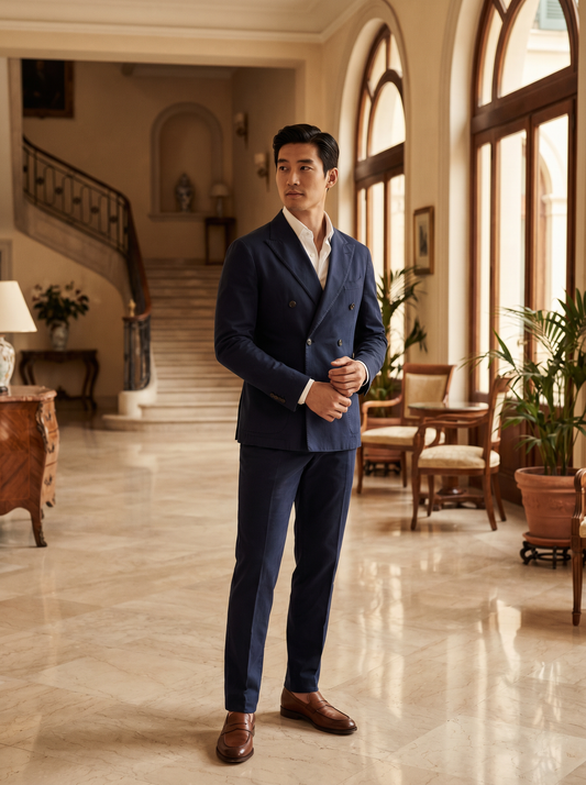 Navy Blue Cotton Double Breasted Suit — Custom Made to Measure - front view