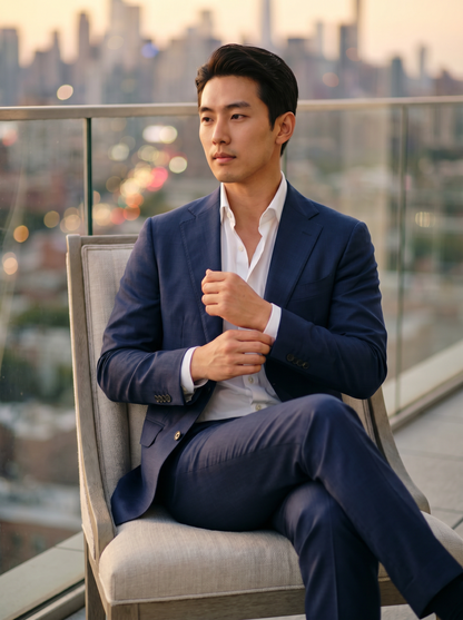 Navy Blue Cotton Groomsmen Suit — Custom Made to Measure - seated view