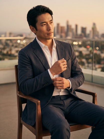 Navy Blue Cotton Suit — Custom Made to Measure - seated view
