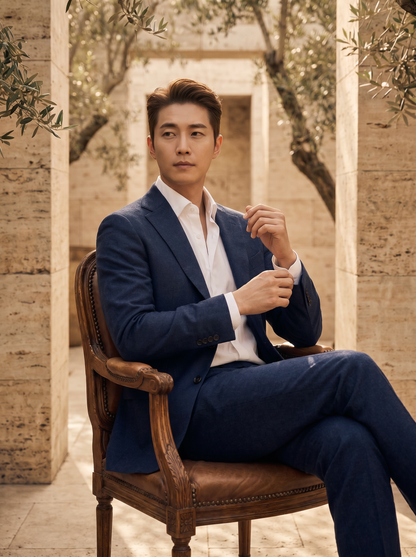Navy Blue Flannel Suit — Custom Made to Measure - seated view