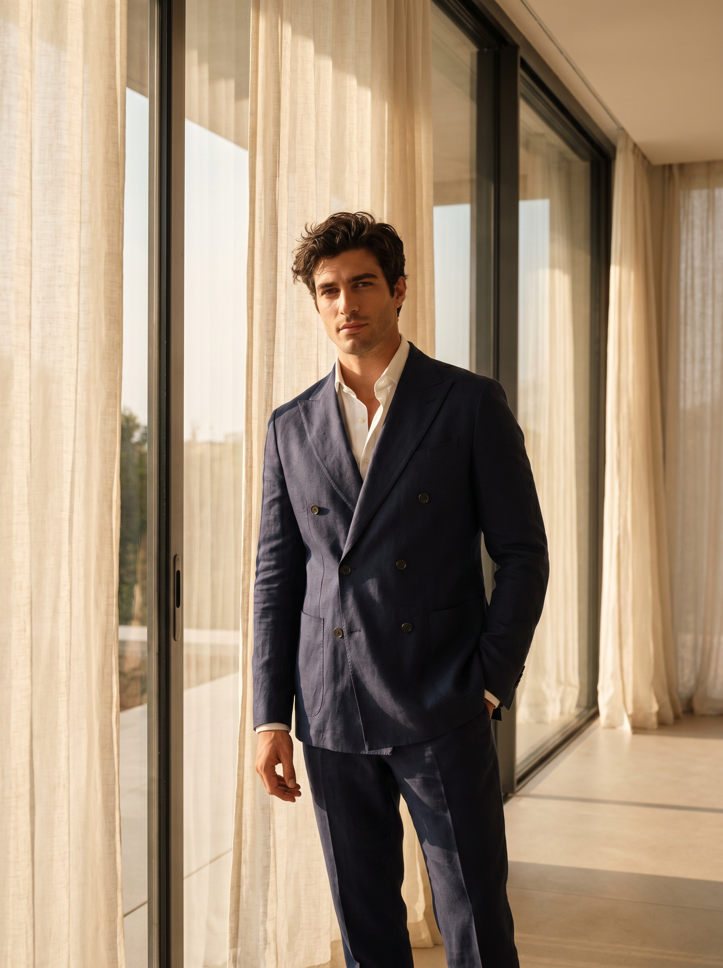 Navy Blue Linen Double Breasted Suit — Custom Made to Measure - front view