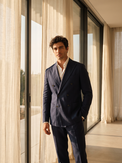 Navy Blue Linen Double Breasted Suit — Custom Made to Measure - front view