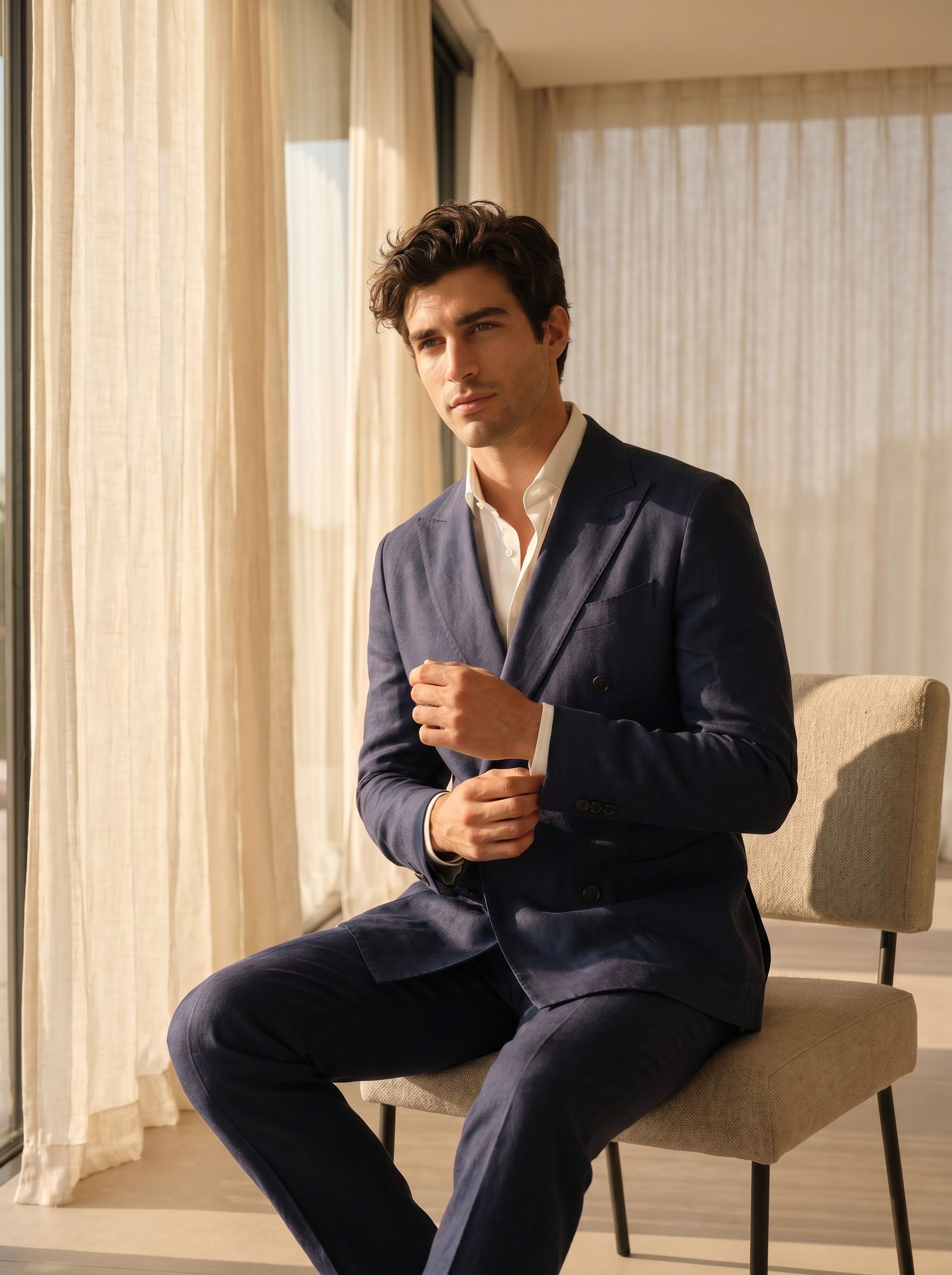 Navy Blue Linen Double Breasted Suit — Custom Made to Measure - seated view