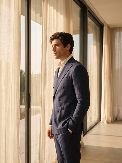 Navy Blue Linen Double Breasted Suit — Custom Made to Measure - side view