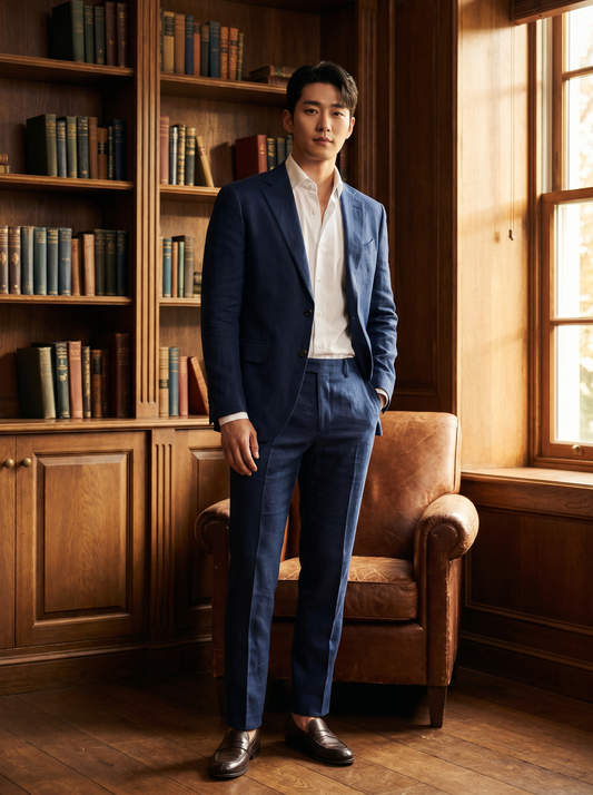 Navy Blue Linen Groomsmen Suit — Custom Made to Measure - front view