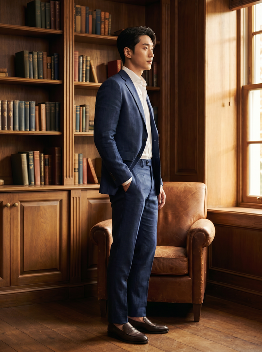 Navy Blue Linen Groomsmen Suit — Custom Made to Measure - side view