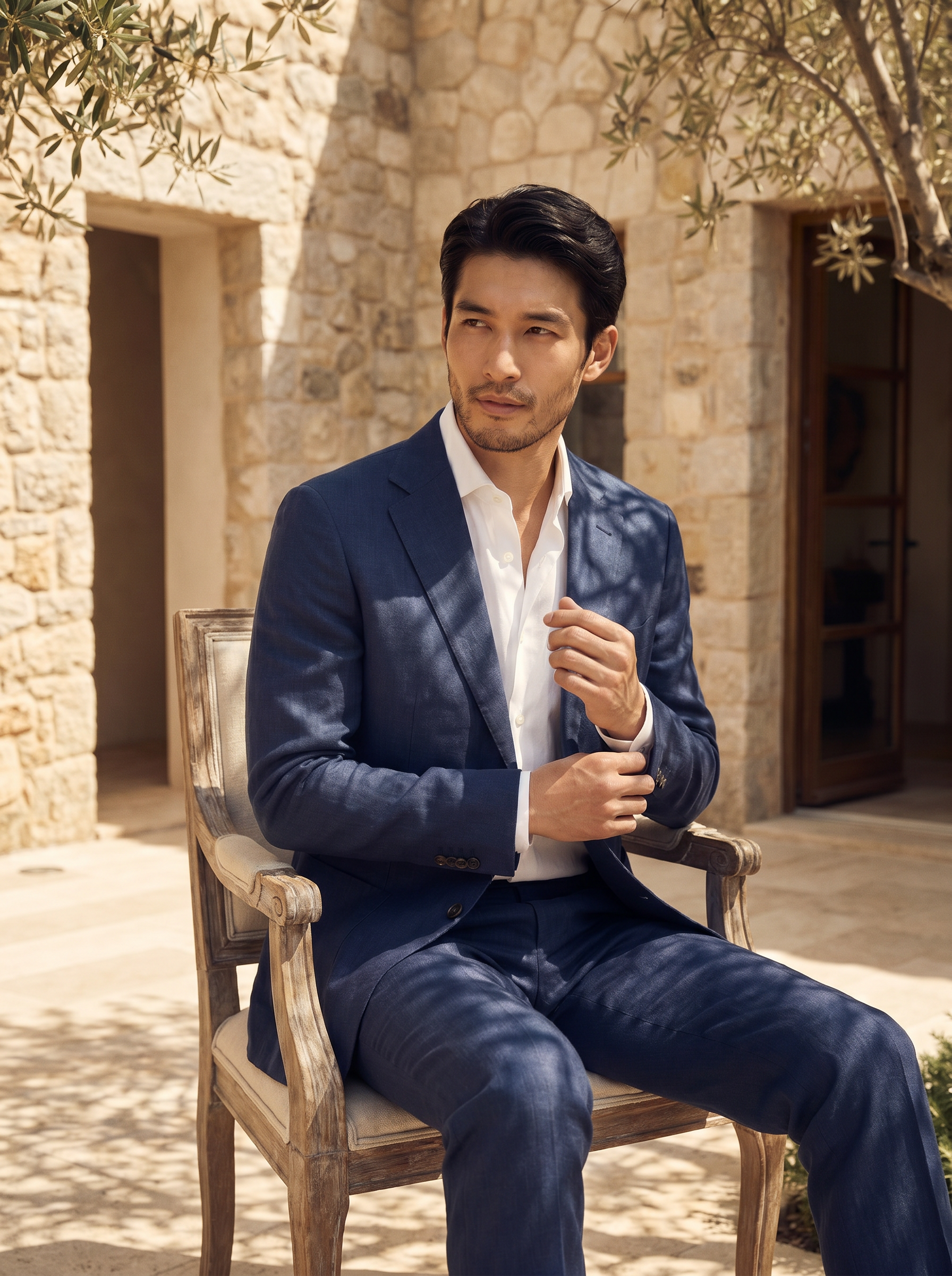 Navy Blue Linen Suit — Custom Made to Measure - seated view