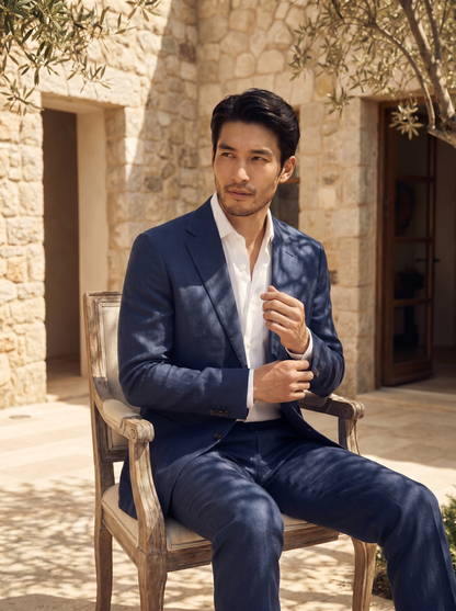 Navy Blue Linen Suit — Custom Made to Measure - seated view