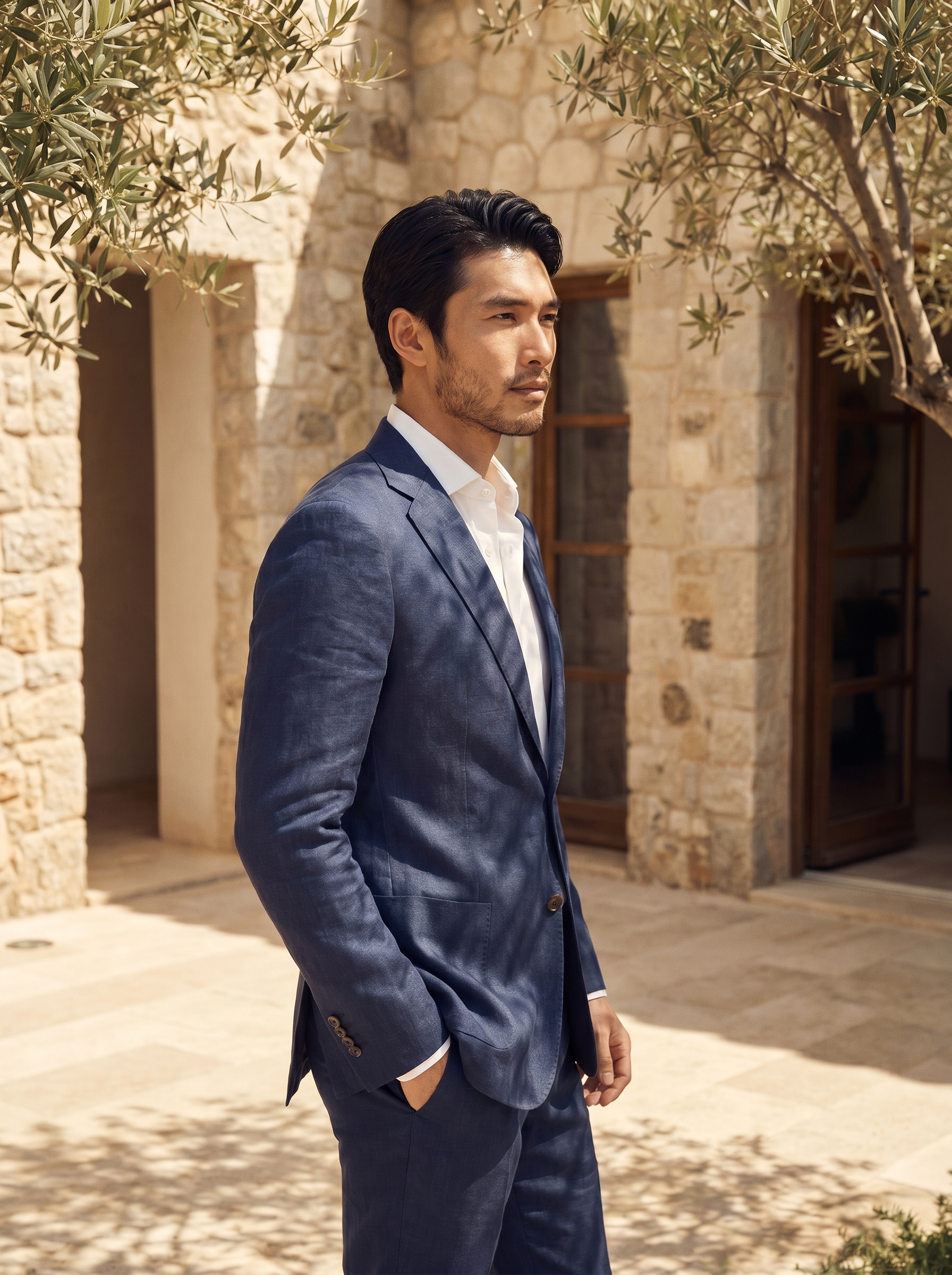 Navy Blue Linen Suit — Custom Made to Measure - side view