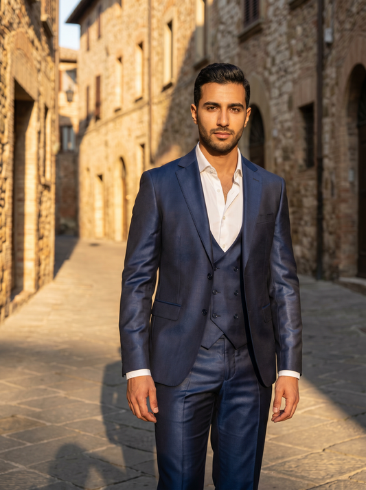 Navy Blue Silk Blend 3-Piece Suit — Custom Made to Measure - front view