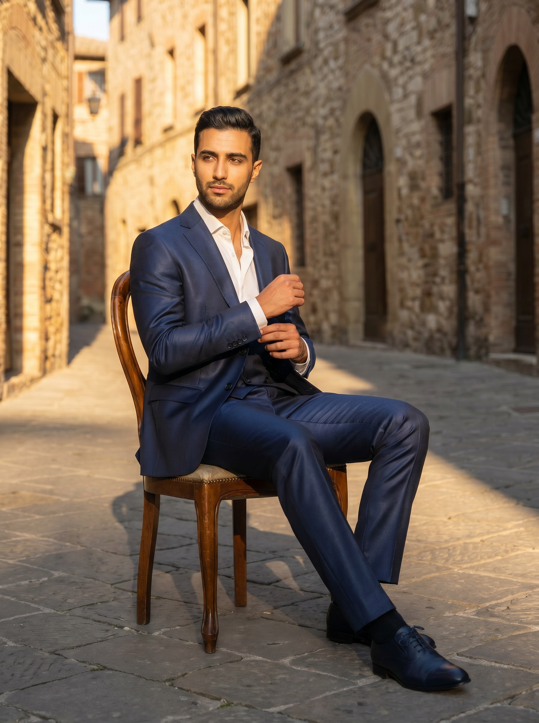Navy Blue Silk Blend 3-Piece Suit — Custom Made to Measure - seated view