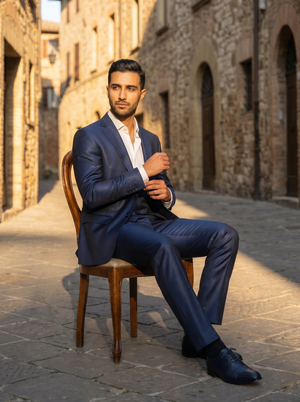 Navy Blue Silk Blend 3-Piece Suit — Custom Made to Measure — 3