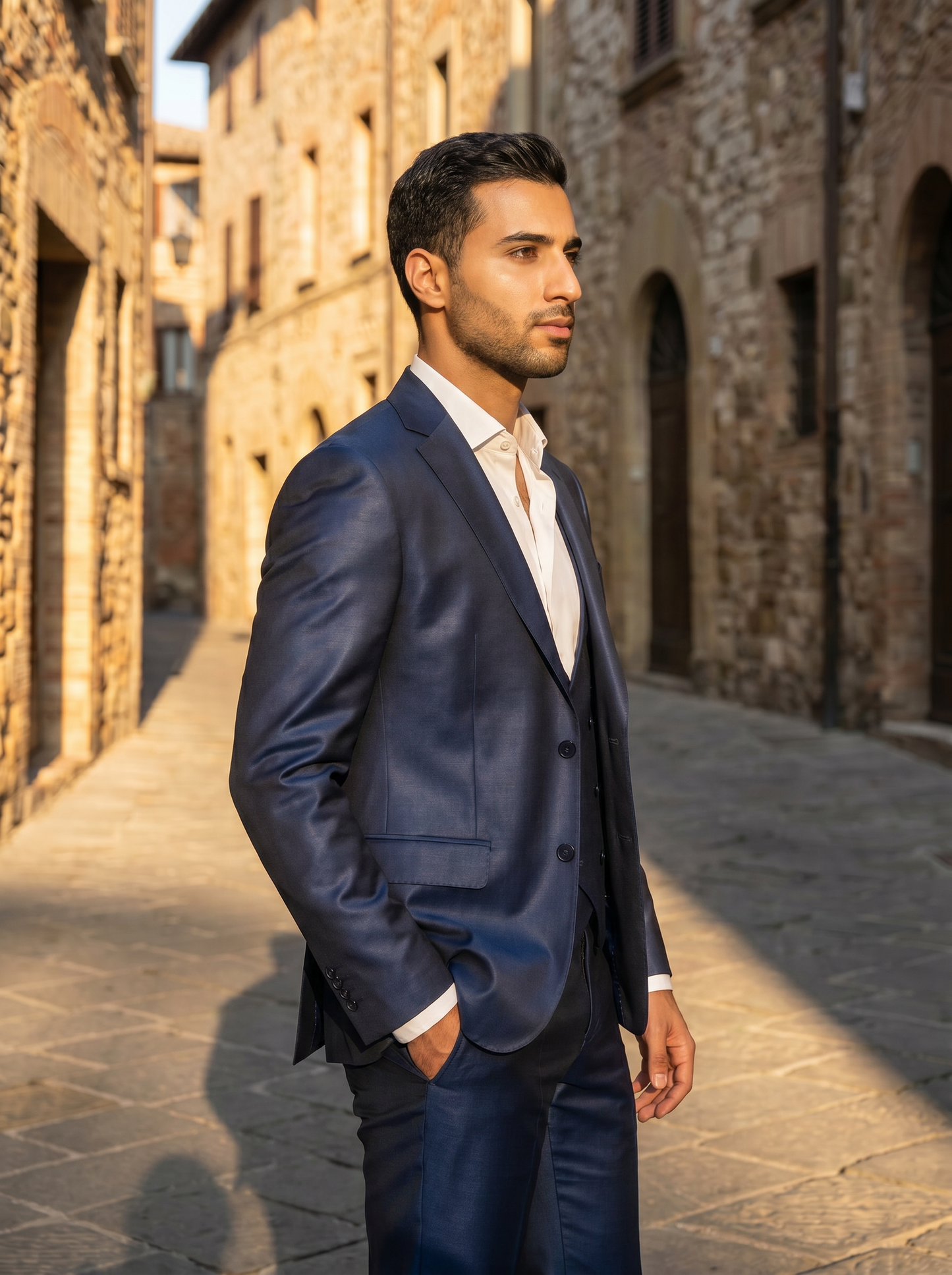 Navy Blue Silk Blend 3-Piece Suit — Custom Made to Measure - side view
