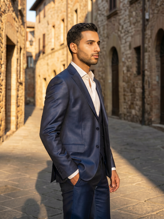 Navy Blue Silk Blend 3-Piece Suit — Custom Made to Measure - side view