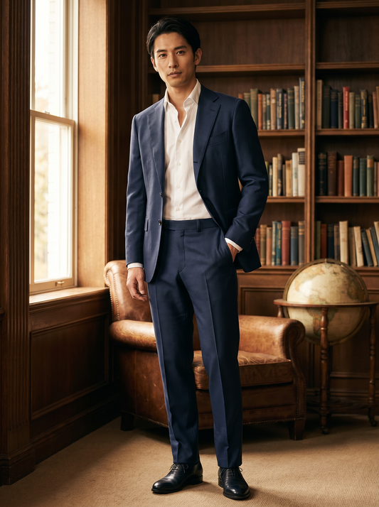 Navy Blue Silk Blend Suit — Custom Made to Measure - front view