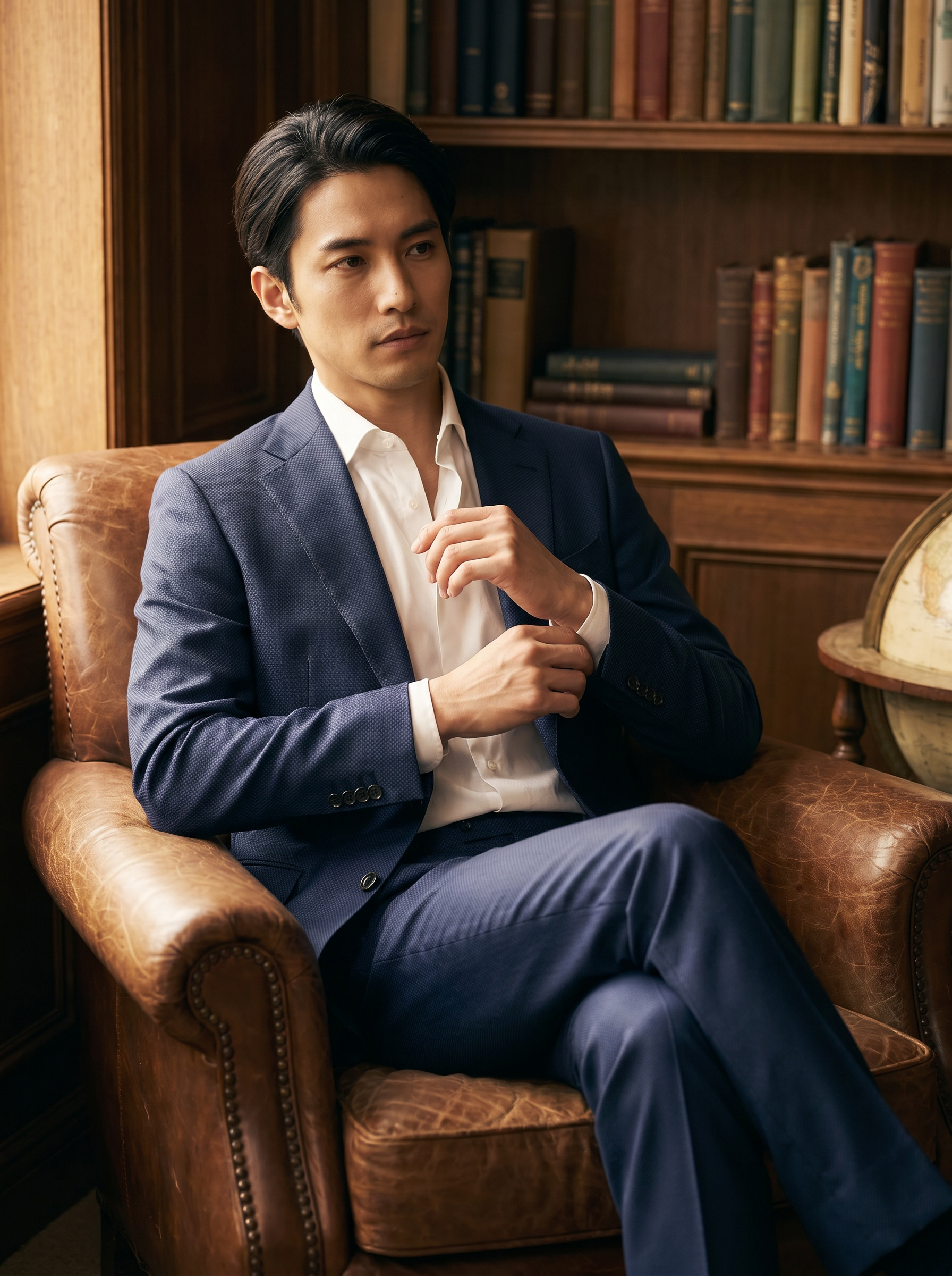 Navy Blue Silk Blend Suit — Custom Made to Measure - seated view