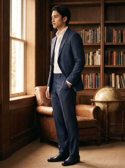 Navy Blue Silk Blend Suit — Custom Made to Measure - side view