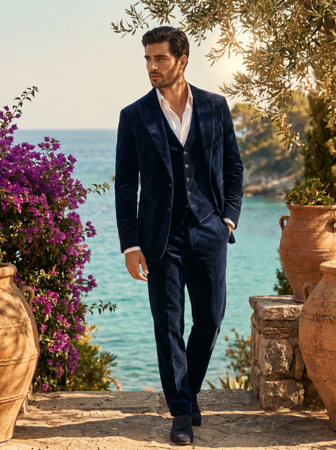 Navy Blue Velvet 3-Piece Suit — Custom Made to Measure - front view