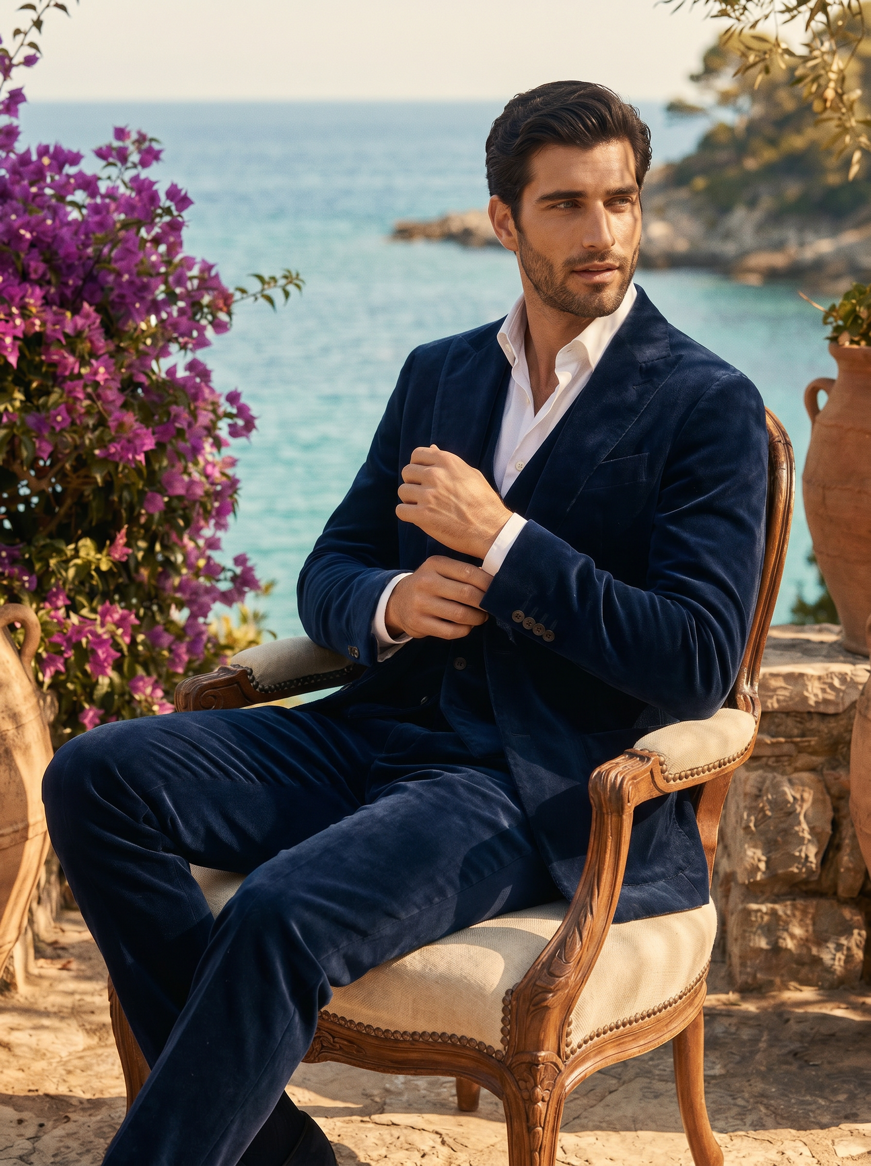 Navy Blue Velvet 3-Piece Suit — Custom Made to Measure - seated view