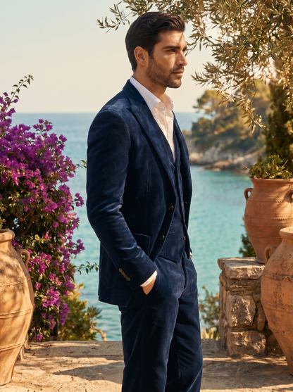 Navy Blue Velvet 3-Piece Suit — Custom Made to Measure - side view