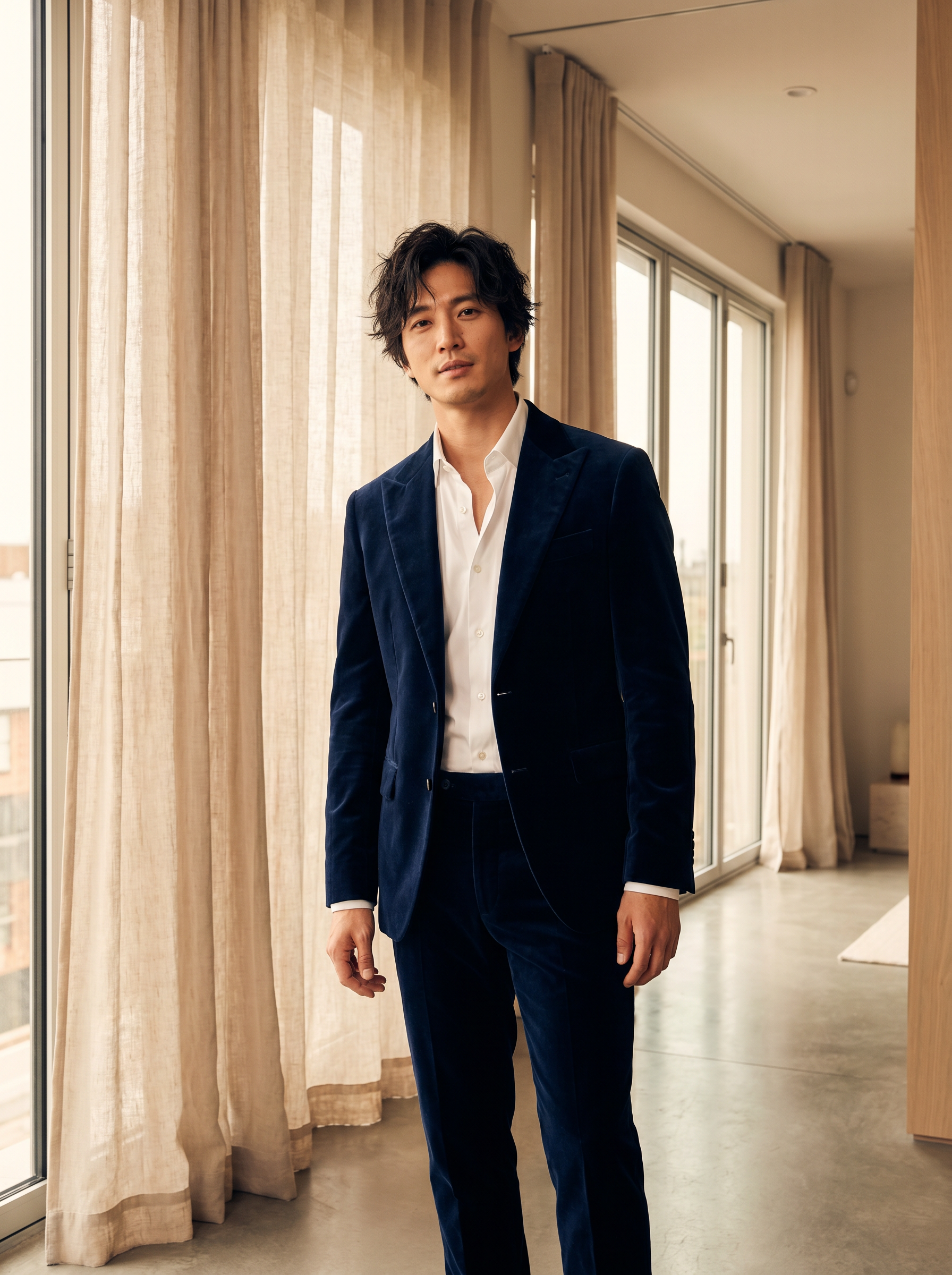 Navy Blue Velvet Suit — Custom Made to Measure - front view