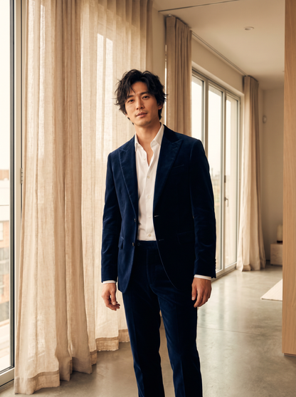 Navy Blue Velvet Suit — Custom Made to Measure - front view