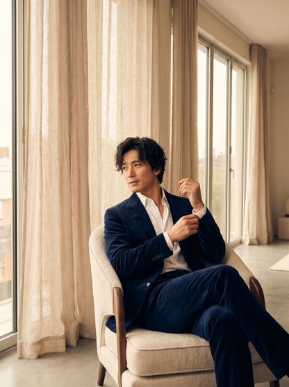 Navy Blue Velvet Suit — Custom Made to Measure - seated view