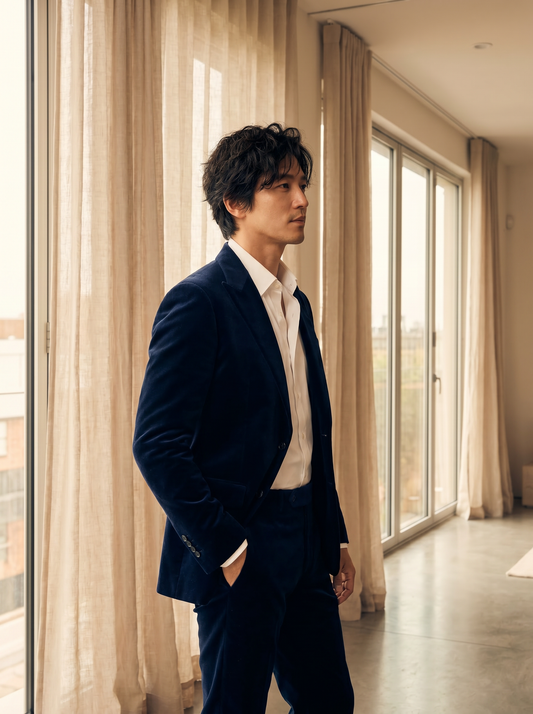 Navy Blue Velvet Suit — Custom Made to Measure - side view