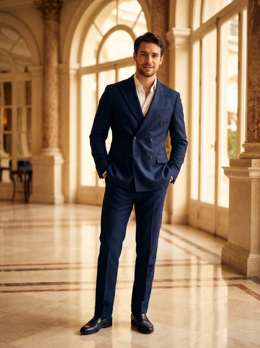 Navy Blue Wool Double Breasted Suit — Custom Made to Measure - front view
