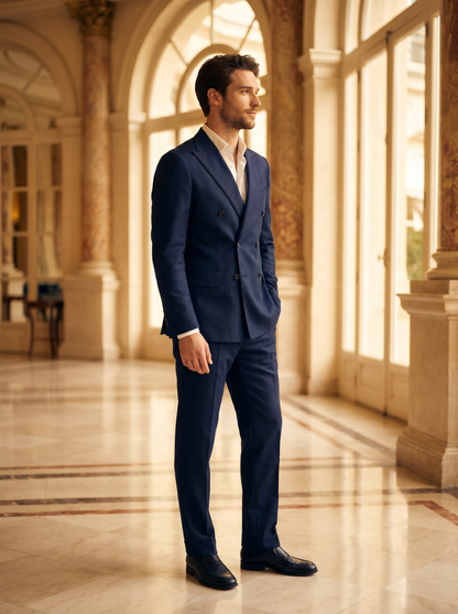 Navy Blue Wool Double Breasted Suit — Custom Made to Measure - side view