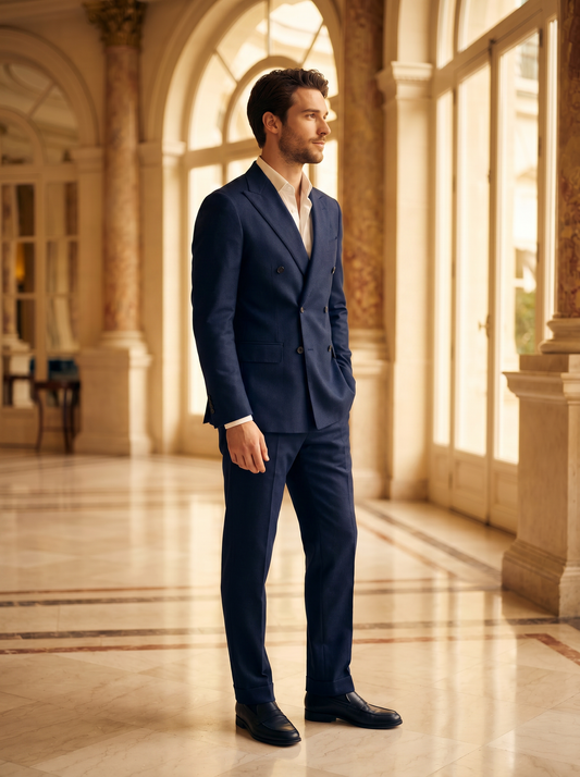 Navy Blue Wool Double Breasted Suit — Custom Made to Measure - side view