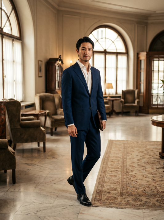 Navy Blue Wool Suit — Custom Made to Measure - front view