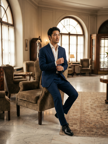 Navy Blue Wool Suit — Custom Made to Measure - seated view