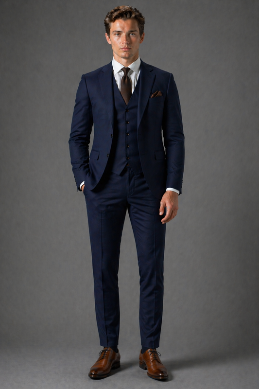 Navy Blue Cotton Slim Fit Suit — Custom Made to Measure