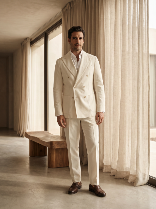 Off-White Cotton Double Breasted Suit — Custom Made to Measure - front view