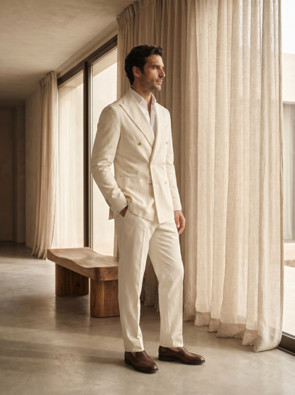 Off-White Cotton Double Breasted Suit — Custom Made to Measure - side view