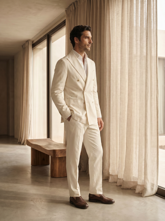 Off-White Cotton Double Breasted Suit — Custom Made to Measure - side view