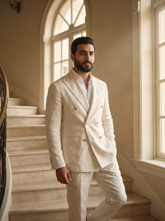 Off-White Linen Double Breasted Suit — Custom Made to Measure - front view