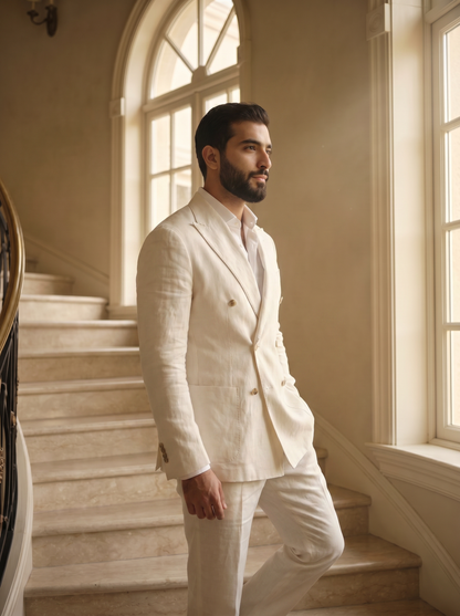 Off-White Linen Double Breasted Suit — Custom Made to Measure - side view