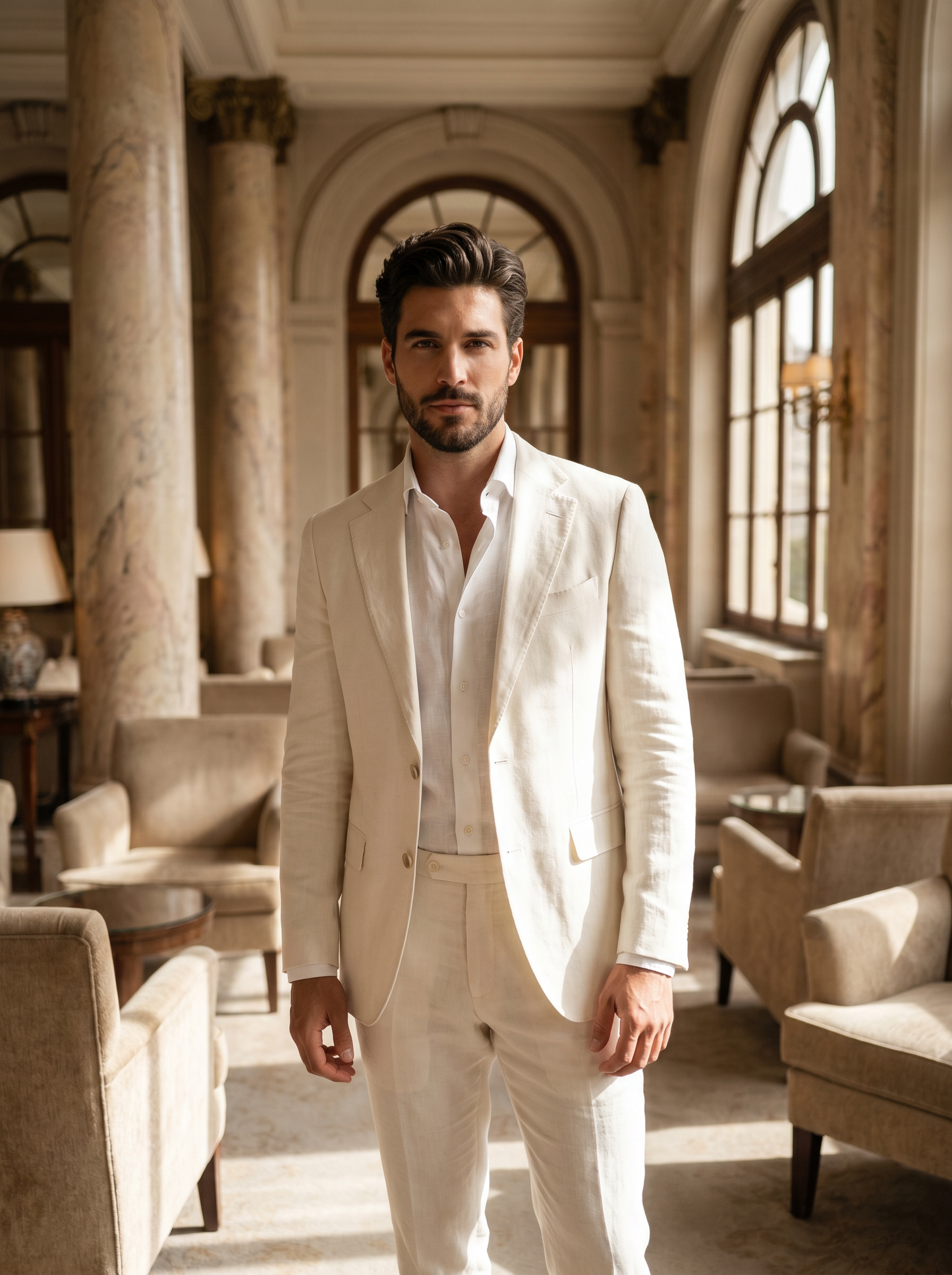 Off-White Linen Groomsmen Suit — Custom Made to Measure - front view