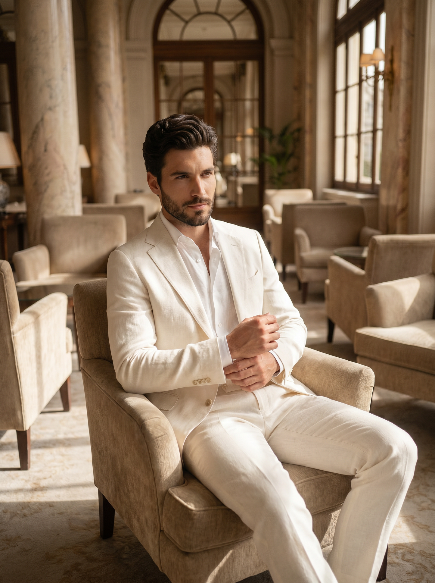 Off-White Linen Groomsmen Suit — Custom Made to Measure - seated view