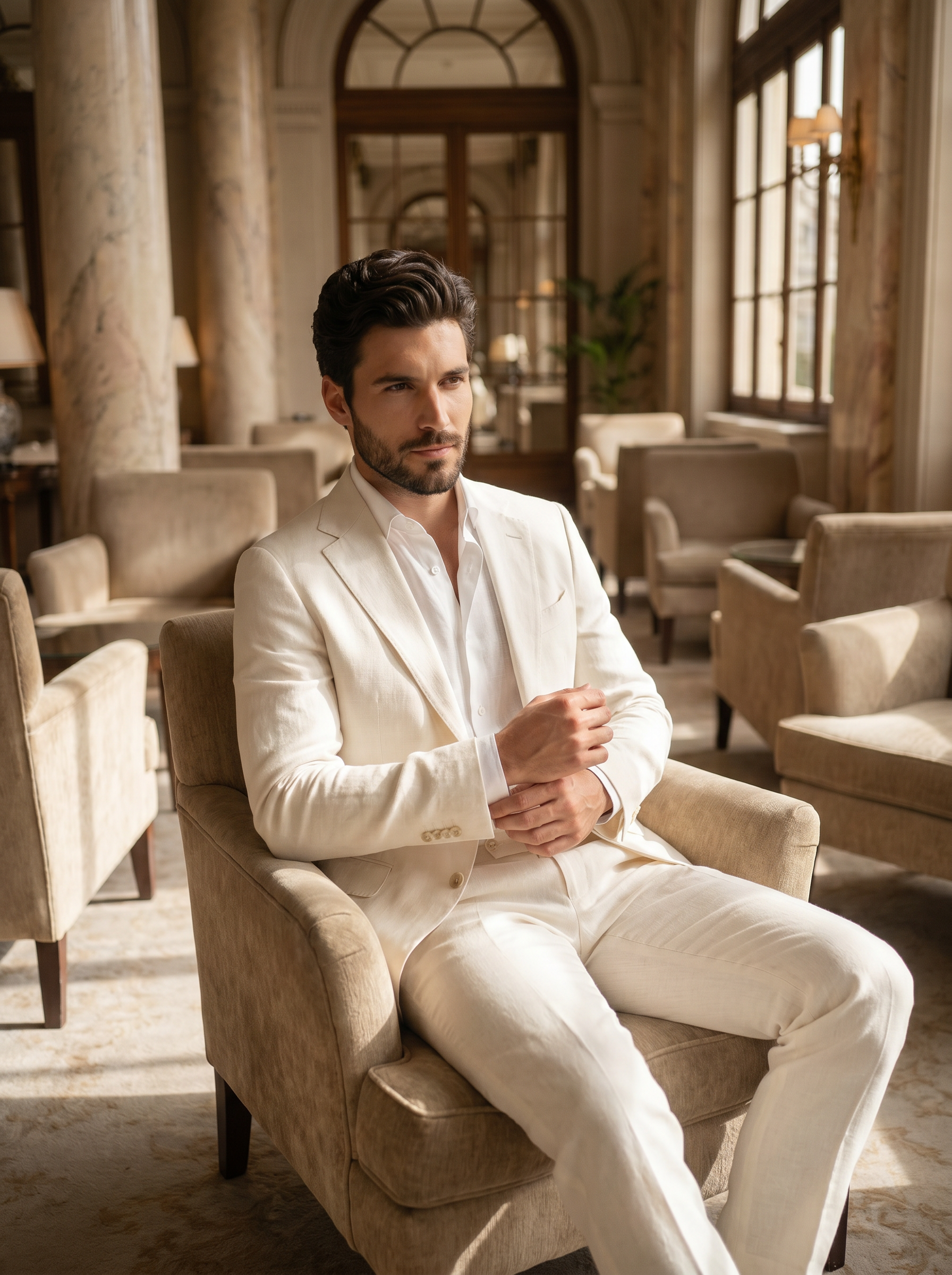 Off-White Linen Groomsmen Suit — Custom Made to Measure - seated view
