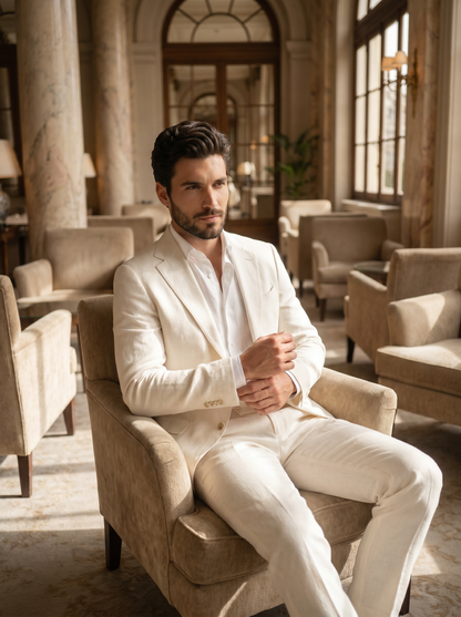Off-White Linen Groomsmen Suit — Custom Made to Measure - seated view